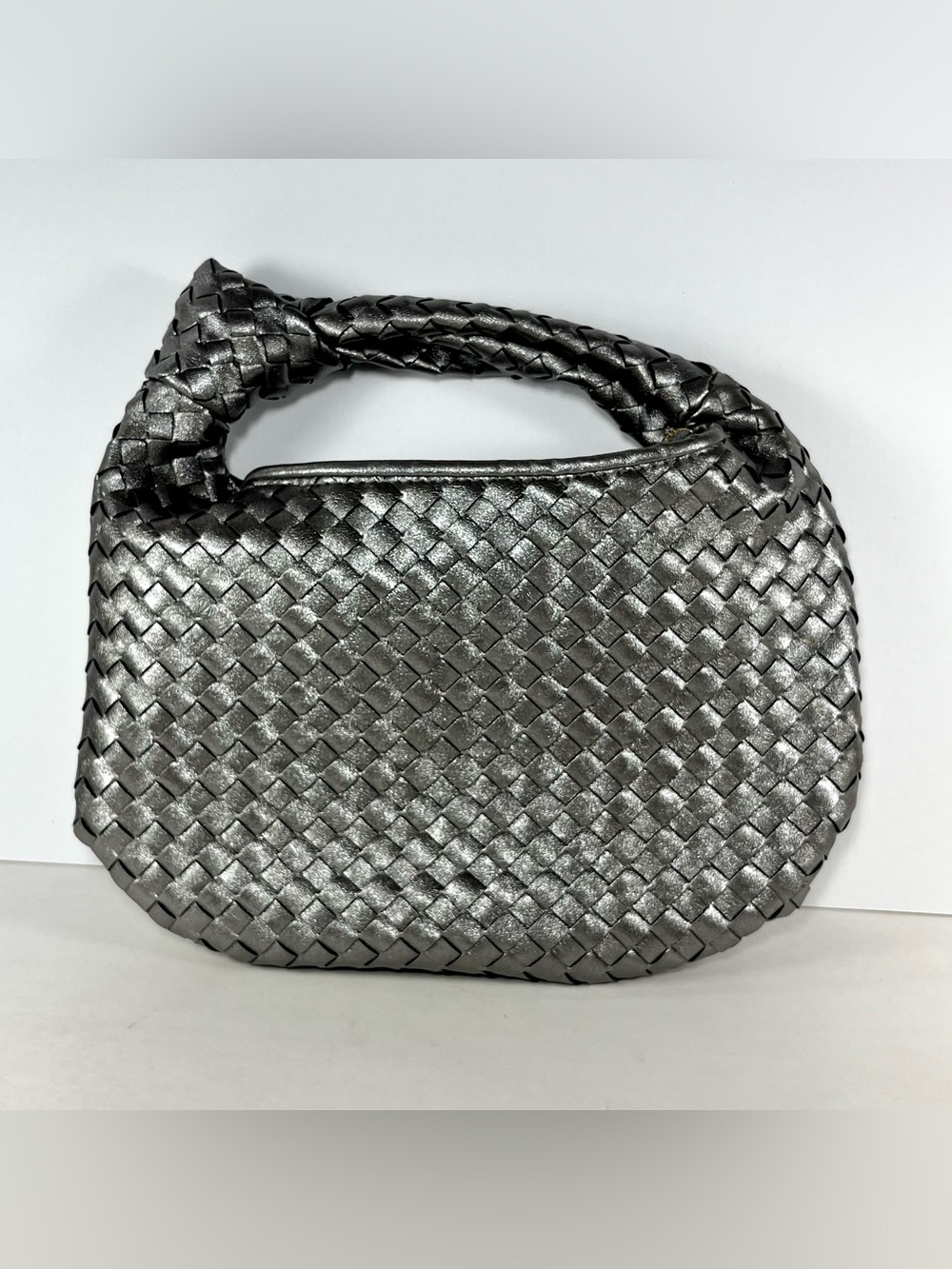 Melie Bianco Brigitte Woven Small Satchel Bag Faux Leather Metallic Silver